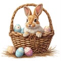 Easter, Easter bunny, Easter eggs, Easter basket, in cartoon style, white background Royalty Free Stock Photo