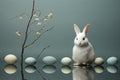 Easter bunny with eggs and a budding branch on an abstract background Royalty Free Stock Photo