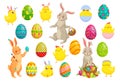 Easter bunny eggs. Cute rabbit, spring chicks and colorful egg vector illustration set Royalty Free Stock Photo