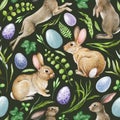 Easter bunny with eggs decor seamless pattern. Watercolor illustration. Hand drawn cute bunnies, painted eggs, green Royalty Free Stock Photo