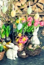 Easter bunny and eggs decoration. Spring flowers tulips, narcissus Royalty Free Stock Photo