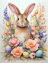 Easter bunny with eggs and flowers, Easter celebration, with painted Bunny figure