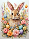 Easter bunny with eggs and flowers, Easter celebration, with painted Bunny figure