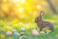 Easter bunny and easter eggs on green grass with bokeh background, text space Royalty Free Stock Photo