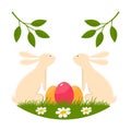 Easter bunny with easter eggs on green grass on a white background. Vector illustration. Spring holiday. Vector Royalty Free Stock Photo