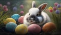cute, white easter bunny with colorful easter eggs,sweet bunny illustration, colorful wallpaper, postcard Royalty Free Stock Photo