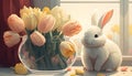 easter happy bunny happy, cute illustration, colorful wallpaper, tulips vase, for children
