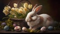 easter bunny with easter eggs, fluffy bunny illustration with yellow tulips Royalty Free Stock Photo