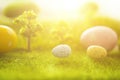 Easter bunny with eggs on meadow in spring. Close-up. Royalty Free Stock Photo