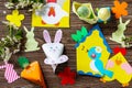 Easter bunny, Easter eggs and other Spring festive childrens paper craft. Handmade. Project of childrens creativity.