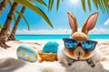 Cute Easter bunnies with eggs on vacation beach. Easter travel