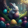 Easter bunny fabulous in a dense forest, colored Easter eggs on the grass. Generative AI Royalty Free Stock Photo