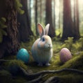 Easter bunny fabulous in a dense forest, colored Easter eggs on the grass. Generative AI Royalty Free Stock Photo