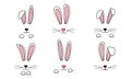 Easter bunny face, rabbit ear with paw, whisker. Doodle hare, cute character vectror icon. Animal hand drawn illustration