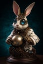 Easter Bunny and a fine detail artcraft golden jewelry Easter Egg. Steampunk, fine art concept. Generative AI