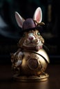 Easter Bunny and a fine detail artcraft golden jewelry Easter Egg. Steampunk, fine art concept. Generative AI