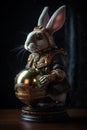 Easter Bunny and a fine detail artcraft golden jewelry Easter Egg. Steampunk, fine art concept. Generative AI