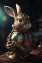 Easter Bunny and a fine detail artcraft golden jewelry Easter Egg. Steampunk, fine art concept. Generative AI