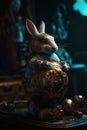 Easter Bunny and a fine detail artcraft golden jewelry Easter Egg. Steampunk, fine art concept. Generative AI