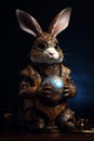 Easter Bunny and a fine detail artcraft golden jewelry Easter Egg. Steampunk, fine art concept. Generative AI