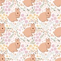 Easter bunny floral pattern in beige color. Vector baby rabbit animal, cute tiny flowers. Damask print