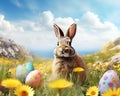 an Easter bunny on a flower-filled field.