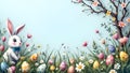 Easter bunny with flowers and easter colored eggs abstract background Royalty Free Stock Photo