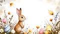 Easter bunny with flowers and easter colored eggs abstract background Royalty Free Stock Photo