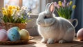 Easter bunny with flowers and Easter eggs in the rays of the spring sun. AI generated