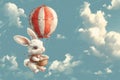 Easter bunny flying in a hot air balloon. Happy. AI generative Royalty Free Stock Photo