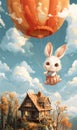 Easter bunny flying in a hot air balloon. Happy. AI generative Royalty Free Stock Photo