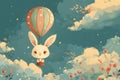 Easter bunny flying in a hot air balloon. Happy. AI generative Royalty Free Stock Photo
