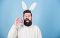 Easter bunny. Funny bunny with beard and mustache. Join celebration. Having fun. Grinning bearded man wear silly bunny