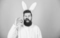 Easter bunny. Funny bunny with beard and mustache. Join celebration. Having fun. Grinning bearded man wear silly bunny