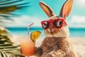Easter bunny in glasses on the beach, close-up. Generated by artificial intelligence. Royalty Free Stock Photo