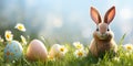 Easter bunny in green grass with painted eggs, sunny day, egg hunt, Happy Easter banner background