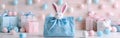 Easter Bunny Greetings: Festive Fabric Gift Bag with Eggs and Ears on White Table - Happy Easter Decoration Concept Royalty Free Stock Photo