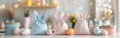Easter Bunny Greetings: Festive Fabric Gift Bag with Eggs and Ears on White Table - Happy Easter Decoration Concept Royalty Free Stock Photo