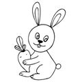 Hare, black and white vector illustration for coloring book. Easter Bunny with a carrot. Holiday pattern with bunnies. Idea for gr