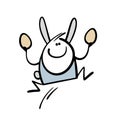Easter bunny has found two eggs and is jumping for joy. Vector illustration of the winner of the traditional holiday Royalty Free Stock Photo