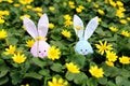 Easter bunny hidden on a flower meadow, yellow spring flowers on a meadow of green grass. Concept spring, ears hare