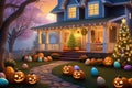 Easter Bunny Hiding Eggs in a Blooming Garden: Jack-o\'-Lanterns Illuminating a Foggy October Night