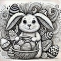 Easter Bunny Holding Basket of Decorated Eggs in Doodle Art Style Royalty Free Stock Photo