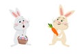 Easter Bunny holding a basket filled with easter eggs and looking surprised at another cool bunny with a carrot