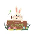 Easter Bunny holding a brush with green dripping colour and standing behind a signboard with text egg hunt, painted eggs Royalty Free Stock Photo