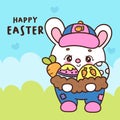 Easter bunny holding eggs and carrot farm. Series: Kawaii animals rabbit egg hunting (Character cartoon). Royalty Free Stock Photo