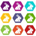 Easter bunny icon set color hexahedron