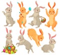 Easter bunny. Jumping rabbit, dancing funny bunnies animals and rabbits easters eggs vector cartoon illustration set