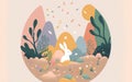 Easter bunny in Easter land surrounded by egg shape mountains and fantasy world. Easter banner in pastel colors palette. Flat