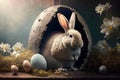 Easter bunny in a large chocolate egg, flowers and colored eggs around, Generative AI
